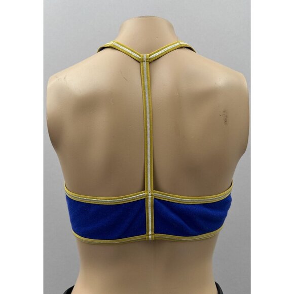 Anthropologie U-Neck Stretch T-Back Sports Bra Top Blue White Yellow Trim Size S - Picture 2 of 7